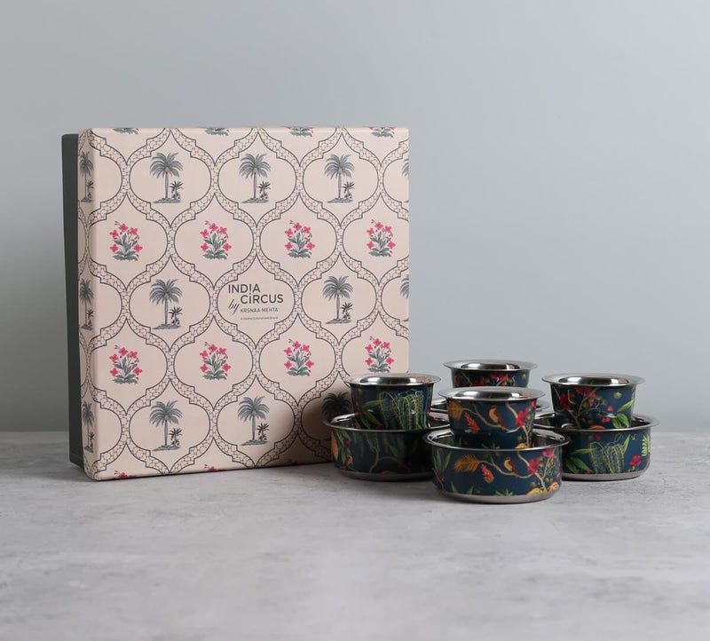 India Circus by Krsnaa Mehta India Circus by Krsnaa Mehta Fronds and Florets Steel Coffee Tea Cup Tumbler Traditional Kumbakonam Dawara Set Filter Coffee Set Serving Drinkware 150 ml Set of 4  - Image 4