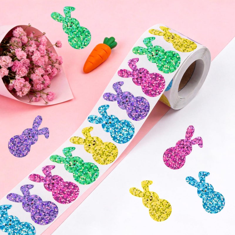 Lxzyu 500Pcs Bling Sparkly Easter Bunny Stickers, 1.5'' x 0.8'' 1 Roll of 5 Colors | Easter Basket Essentials Stuff, Spring Self-Adhesive Rabbit Stickers for Seal Envelope Cards Decor Holiday Party Supplies - Image 3