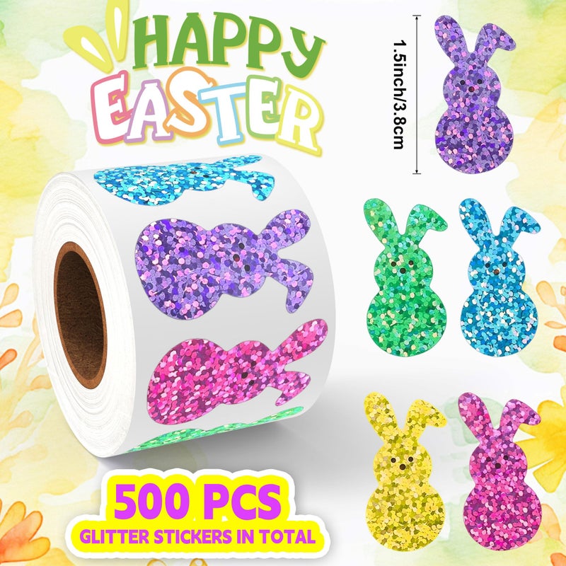 Lxzyu 500Pcs Bling Sparkly Easter Bunny Stickers, 1.5'' x 0.8'' 1 Roll of 5 Colors | Easter Basket Essentials Stuff, Spring Self-Adhesive Rabbit Stickers for Seal Envelope Cards Decor Holiday Party Supplies - Image 2