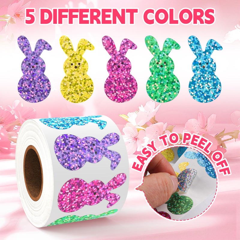 Lxzyu 500Pcs Bling Sparkly Easter Bunny Stickers, 1.5'' x 0.8'' 1 Roll of 5 Colors | Easter Basket Essentials Stuff, Spring Self-Adhesive Rabbit Stickers for Seal Envelope Cards Decor Holiday Party Supplies - Image 4