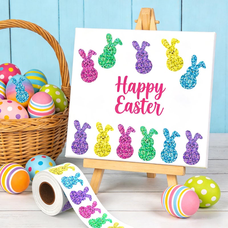 Lxzyu 500Pcs Bling Sparkly Easter Bunny Stickers, 1.5'' x 0.8'' 1 Roll of 5 Colors | Easter Basket Essentials Stuff, Spring Self-Adhesive Rabbit Stickers for Seal Envelope Cards Decor Holiday Party Supplies - Image 5