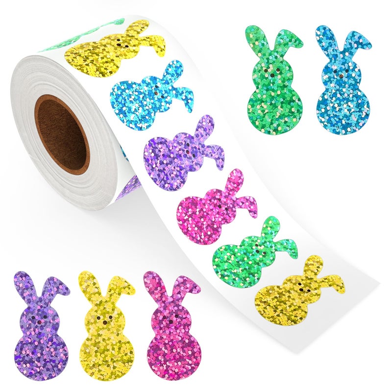 Lxzyu 500Pcs Bling Sparkly Easter Bunny Stickers, 1.5'' x 0.8'' 1 Roll of 5 Colors | Easter Basket Essentials Stuff, Spring Self-Adhesive Rabbit Stickers for Seal Envelope Cards Decor Holiday Party Supplies - Image 1