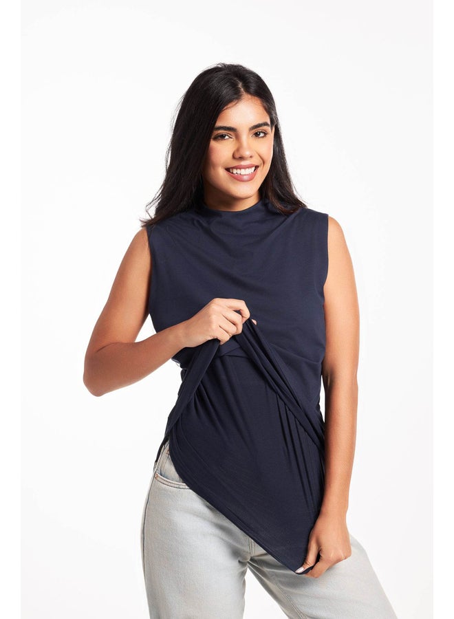 Breathe double layer long fit sleeveless basic t-shirt for women-Navy Blue