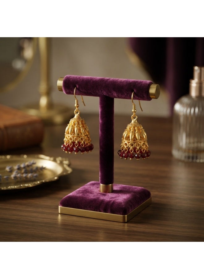 Julia Store 18K Gold Plated Metal Aesthetic Exquisite Luxury Elegant Dainty Cute Trendy Delicate Charm Dainty Minimalist Vintage Tassel Bohemian Jamaican Ruby Beaded Indian Jhumka Drop Dangle Earrings Jewelry Gift For Women - Image 2