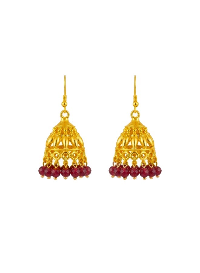 Julia Store 18K Gold Plated Metal Aesthetic Exquisite Luxury Elegant Dainty Cute Trendy Delicate Charm Dainty Minimalist Vintage Tassel Bohemian Jamaican Ruby Beaded Indian Jhumka Drop Dangle Earrings Jewelry Gift For Women - Image 1