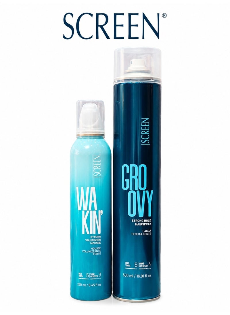 SCREEN Professional Hair Styling Set – Strong Volumizing Mousse 250ml & Strong Hold Hairspray 500ml – Long Lasting Hold and Volume