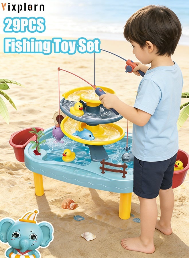 Vixplorn 29-Piece Children's Fishing Toy Set, Multi-Layer Rotating Fishing Table, Kids' Fishing Table, Water Park Set, Water Play Toy - Image 1