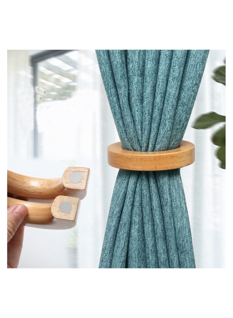 KASTWAVE 1 Pair Natural Wooden Curtain Tiebacks, Modern Classic Magnetic Curtain Holder Buckle Clips Holdback, Round Wood Furniture Accessoires for Windows Room Curtains - Image 1