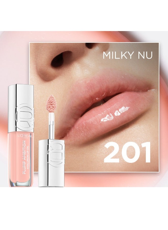 L'OREAL PARIS - L’Oréal Paris Plump Ambition Hyaluron Lip Oil, Plumping Lip Oil With Hyaluronic Acid and Tripeptides for 24H Hydrated Lip, 5ml, Milky Nu 201 - Image 1