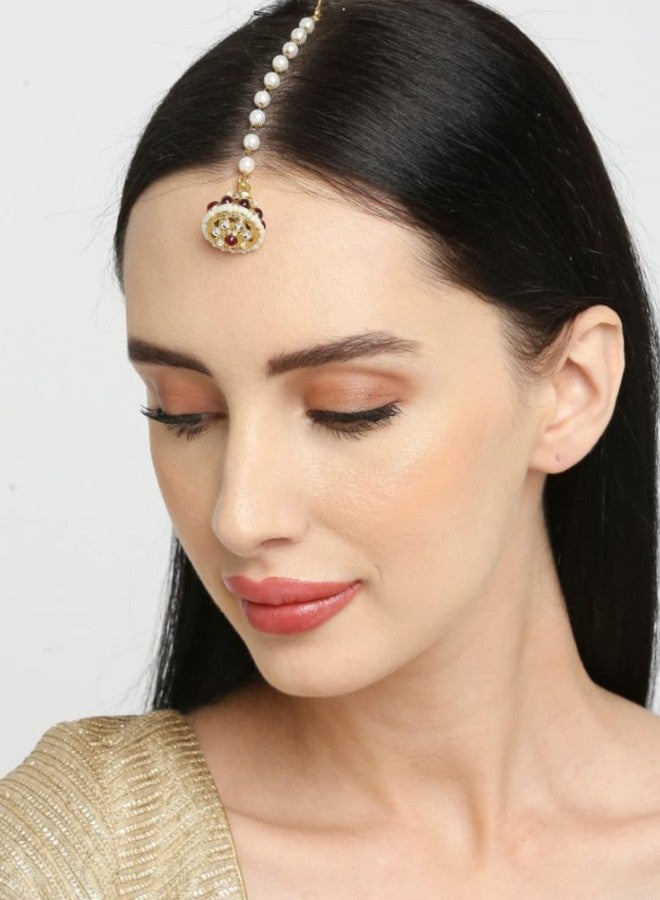OOMPHelicious Jewellery Combo of 2 Gold & Red Kundan & Pearls Bridal Ethnic Borla MaangTikka For Women & Girls Stylish Latest (MTDP9MTDP10_CC2) - Image 5