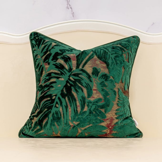 18 x 18 Inch Green Teal Square Maple Leaf Pillow Embroidery Cut Velvet Cushion Case Luxury Modern Lumbar Throw Pillow Cover Decorative Pillow for Couch Sofa Living Room Bedroom Car