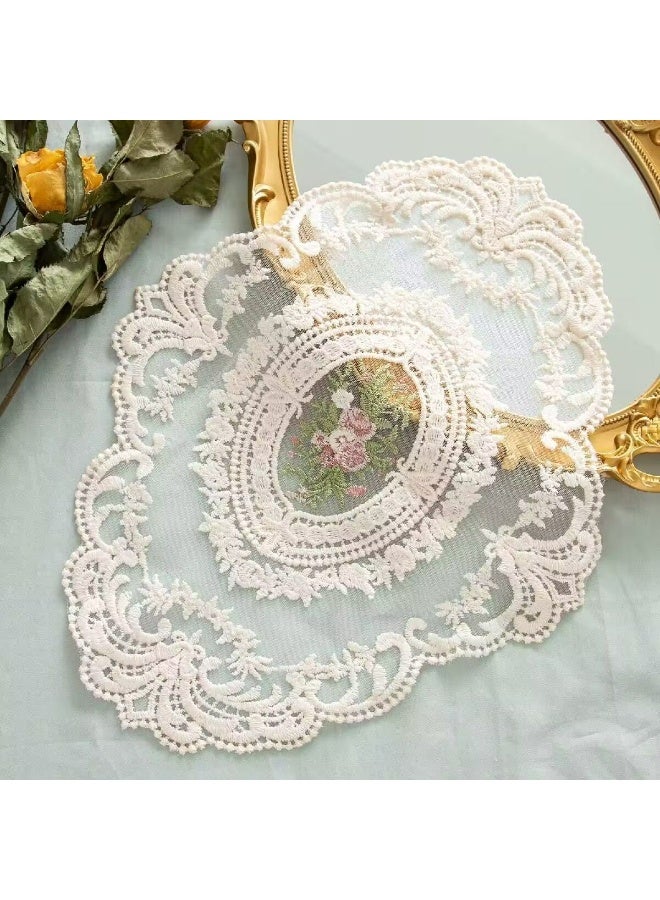 Retro French Style Lace Placemats Fashionable Embroidered Cup Mat vase mat 12”x16”,Beige - Image 1