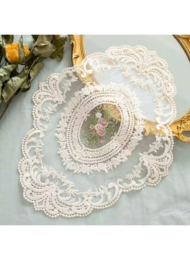 أغطية مائدة من الدانتيل 12×16 بوصة باللون البيج - حصيرة كوب/حصيرة مزهرية مطرزة بأسلوب فرنسي عتيق، ديكور طاولة عصري - Image 1