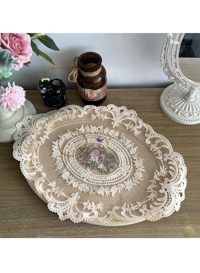 أغطية مائدة من الدانتيل 12×16 بوصة باللون البيج - حصيرة كوب/حصيرة مزهرية مطرزة بأسلوب فرنسي عتيق، ديكور طاولة عصري - Image 1