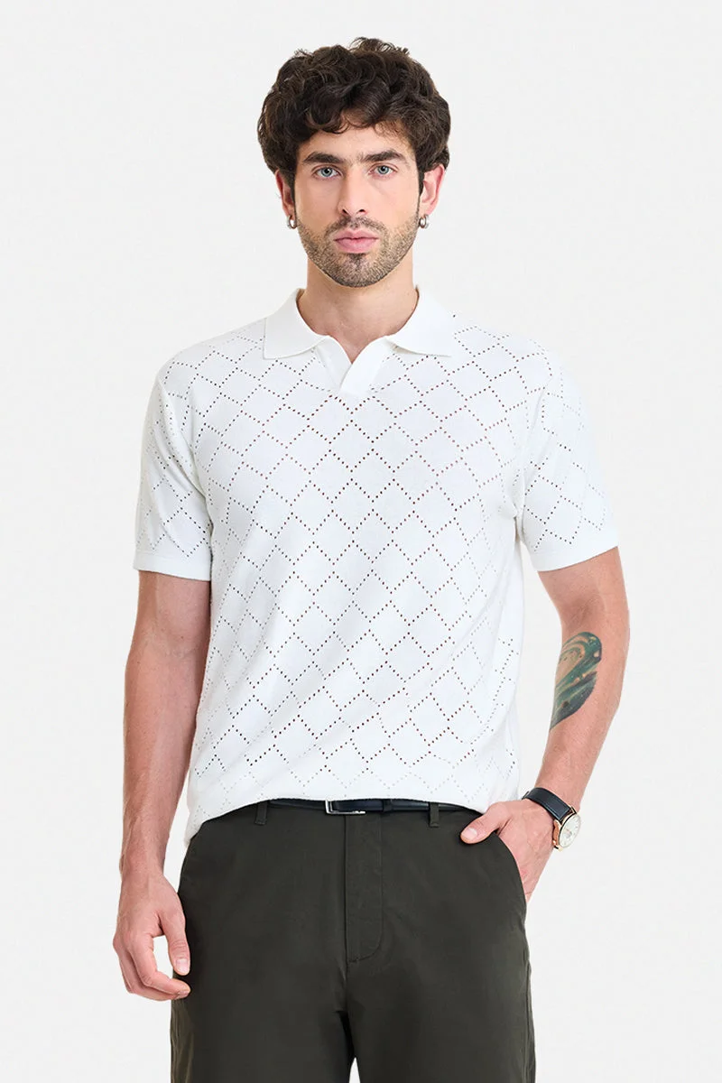 SNITCH White Geometric Half Sleeve Regular Fit T-Shirt