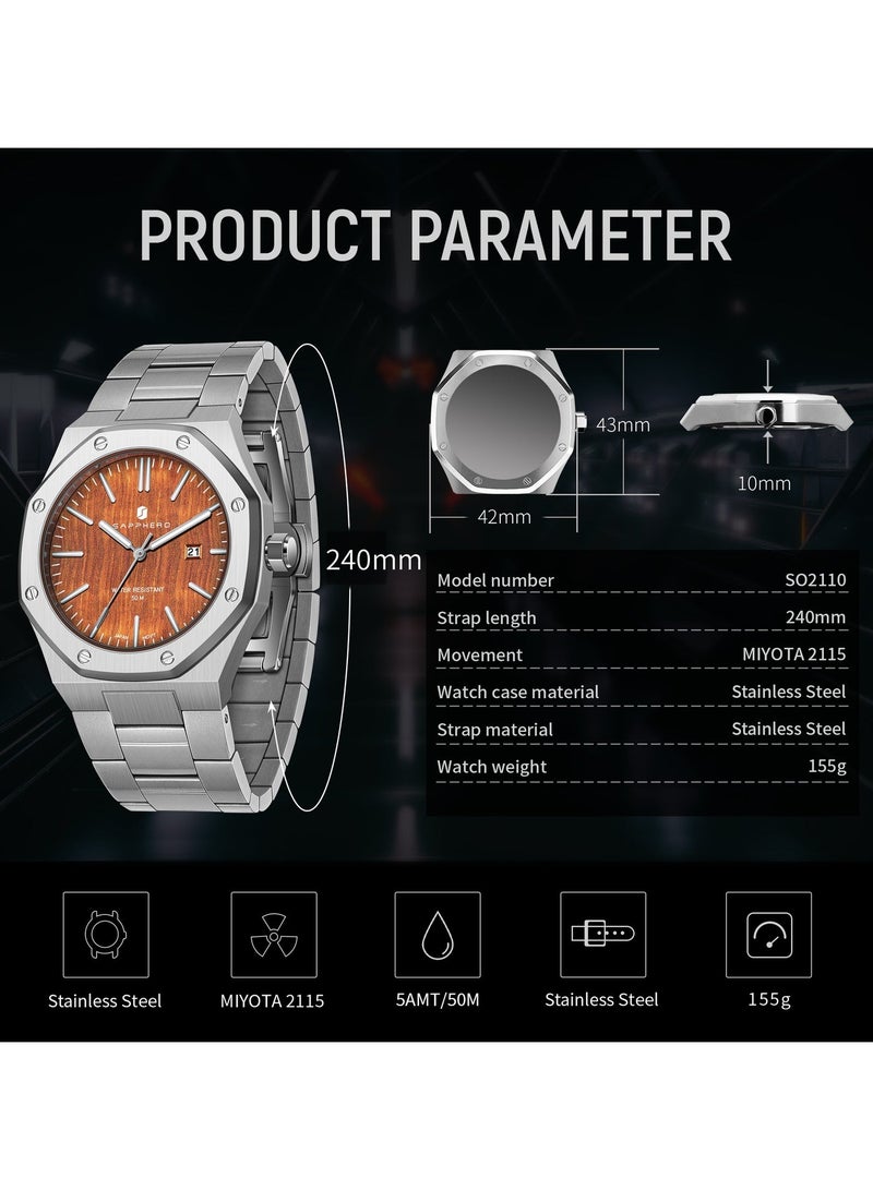 Sapphero Watch for Men Stainless Steel Mens Watches Waterproof Analog Quartz Movement Wrist Watch Gifts for Men - Image 5