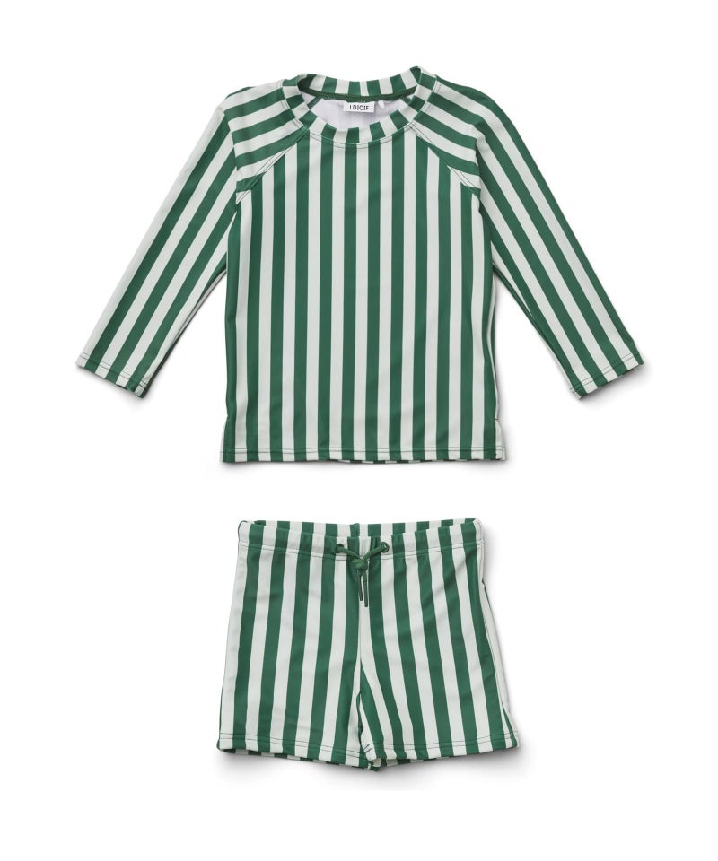 LDIOIF Toddler Boys Two Piece Swimsuit Rash Guard Long Sleeve Swim Shirt Trunks& Shorts Green Stripe Bathing Suit 18-24 Month - Image 1