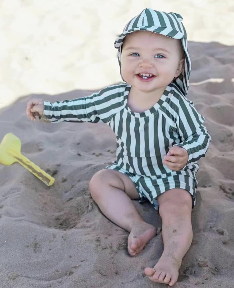 LDIOIF Toddler Boys Two Piece Swimsuit Rash Guard Long Sleeve Swim Shirt Trunks& Shorts Green Stripe Bathing Suit 18-24 Month - Image 2