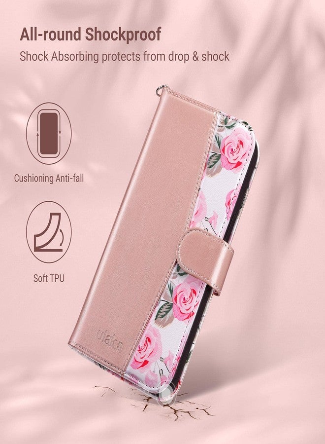 ULAK Compatible with iPhone 13 Wallet Case, Women PU Leather Shockproof Protective Folio Flip Cover with Card Holder Kickstand 6.1 inch, Pink Flower - Image 2