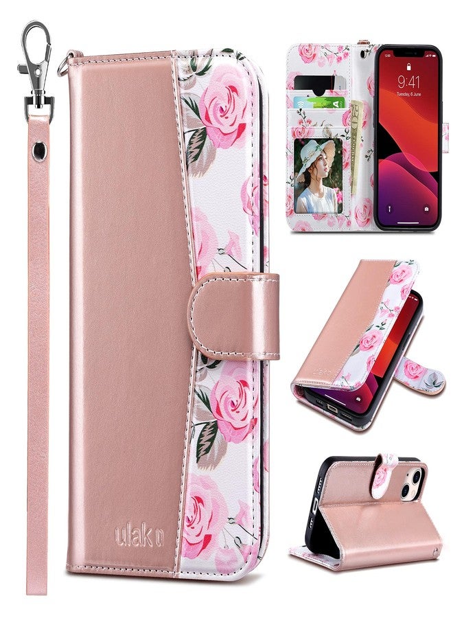 ULAK Compatible with iPhone 13 Wallet Case, Women PU Leather Shockproof Protective Folio Flip Cover with Card Holder Kickstand 6.1 inch, Pink Flower - Image 1