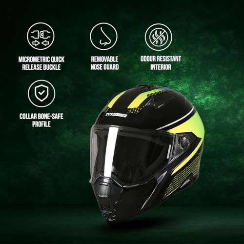 TVS Racing Anti Matter FullFace Helmet for Bike & Motorcycle Riders-DOT &ISI Certified-Lightweight ABS Shell,UV Resistant-Ventilated Comfort Liner,Quick-Release Visor &Chin Strap(Glossy Black Green/M) - Image 2