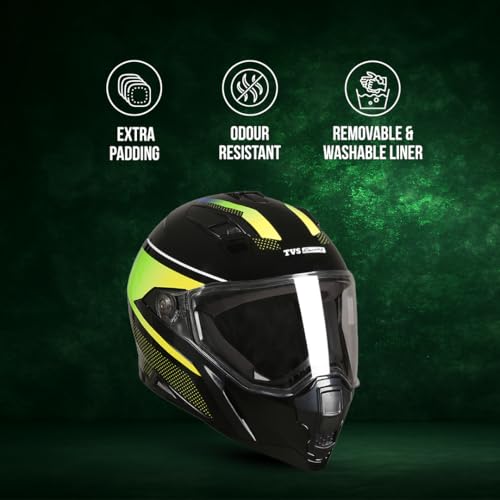 TVS Racing Anti Matter FullFace Helmet for Bike & Motorcycle Riders-DOT &ISI Certified-Lightweight ABS Shell,UV Resistant-Ventilated Comfort Liner,Quick-Release Visor &Chin Strap(Glossy Black Green/M) - Image 5