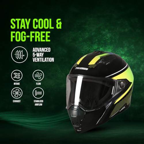 TVS Racing Anti Matter FullFace Helmet for Bike & Motorcycle Riders-DOT &ISI Certified-Lightweight ABS Shell,UV Resistant-Ventilated Comfort Liner,Quick-Release Visor &Chin Strap(Glossy Black Green/M) - Image 4