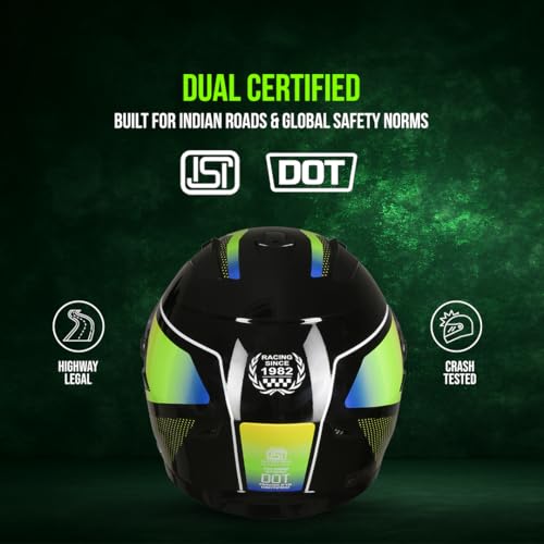 TVS Racing Anti Matter FullFace Helmet for Bike & Motorcycle Riders-DOT &ISI Certified-Lightweight ABS Shell,UV Resistant-Ventilated Comfort Liner,Quick-Release Visor &Chin Strap(Glossy Black Green/M) - Image 3