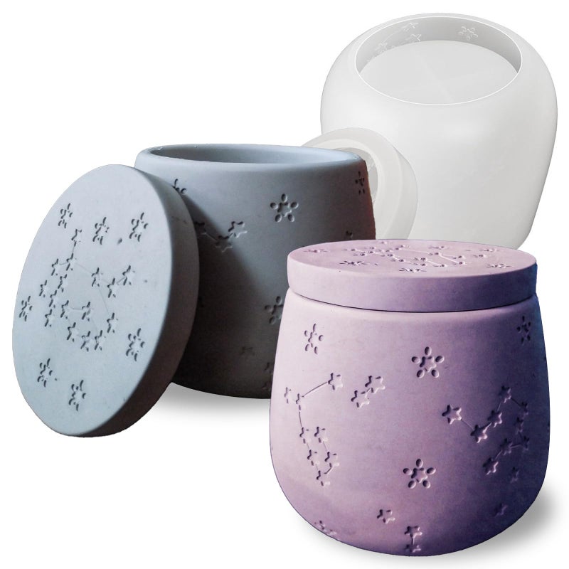 Japleed Zodiac Silicone Jar Molds with Lid, Star Design Candle Holder Container Storage Resin Concrete Molds, Constellation Box Succulent Pot Jewelry Holder Casting Mould for Decoration Crafting - Image 1
