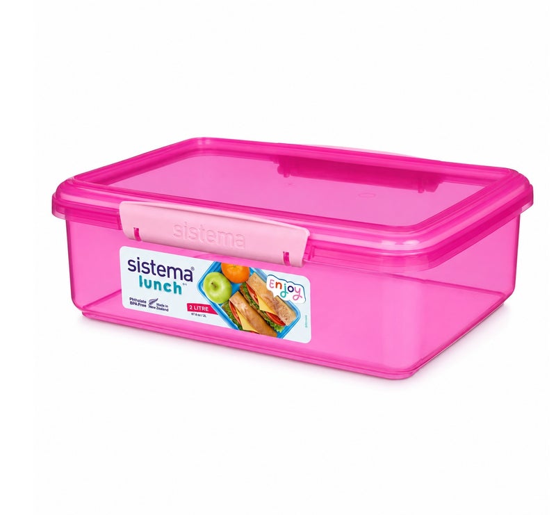Sistema Lunch 2L Pink – BPA Free Reusable Lunch Box with Secure Locking Clip, Large Food Storage Container for Meal Prep, Sandwiches, Salads, School, Office & Travel - Image 1