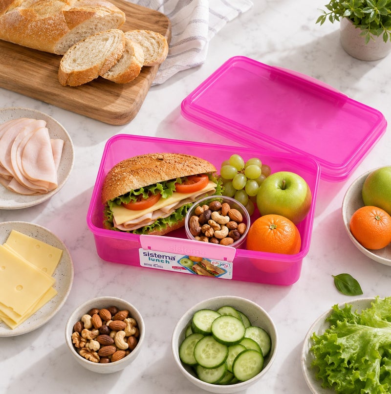 Sistema Lunch 2L Pink – BPA Free Reusable Lunch Box with Secure Locking Clip, Large Food Storage Container for Meal Prep, Sandwiches, Salads, School, Office & Travel - Image 2