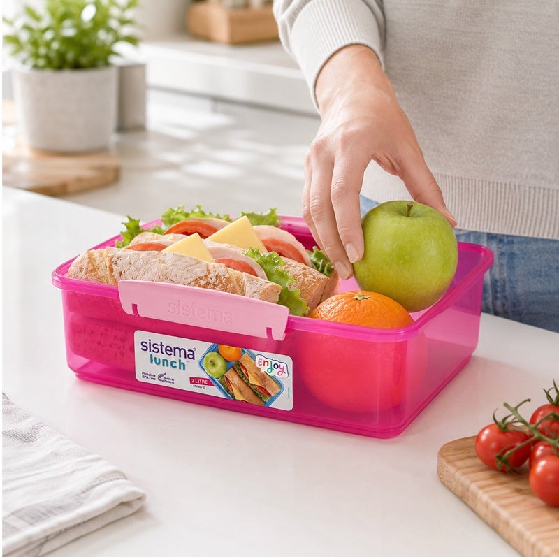 Sistema Lunch 2L Pink – BPA Free Reusable Lunch Box with Secure Locking Clip, Large Food Storage Container for Meal Prep, Sandwiches, Salads, School, Office & Travel - Image 5