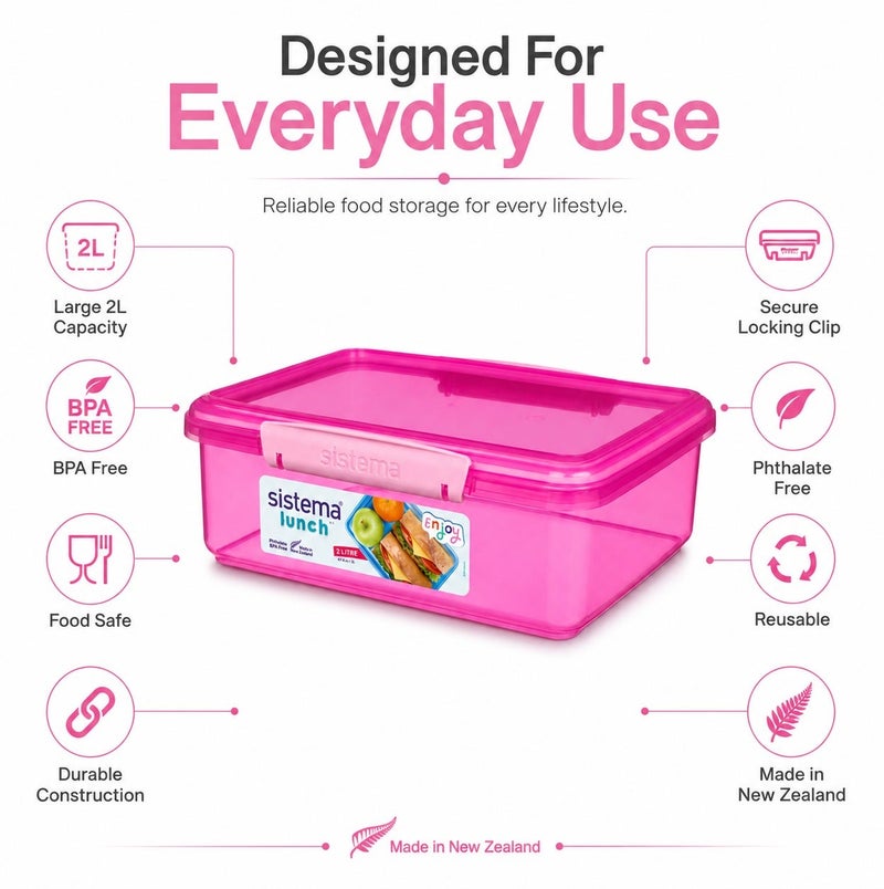Sistema Lunch 2L Pink – BPA Free Reusable Lunch Box with Secure Locking Clip, Large Food Storage Container for Meal Prep, Sandwiches, Salads, School, Office & Travel - Image 4