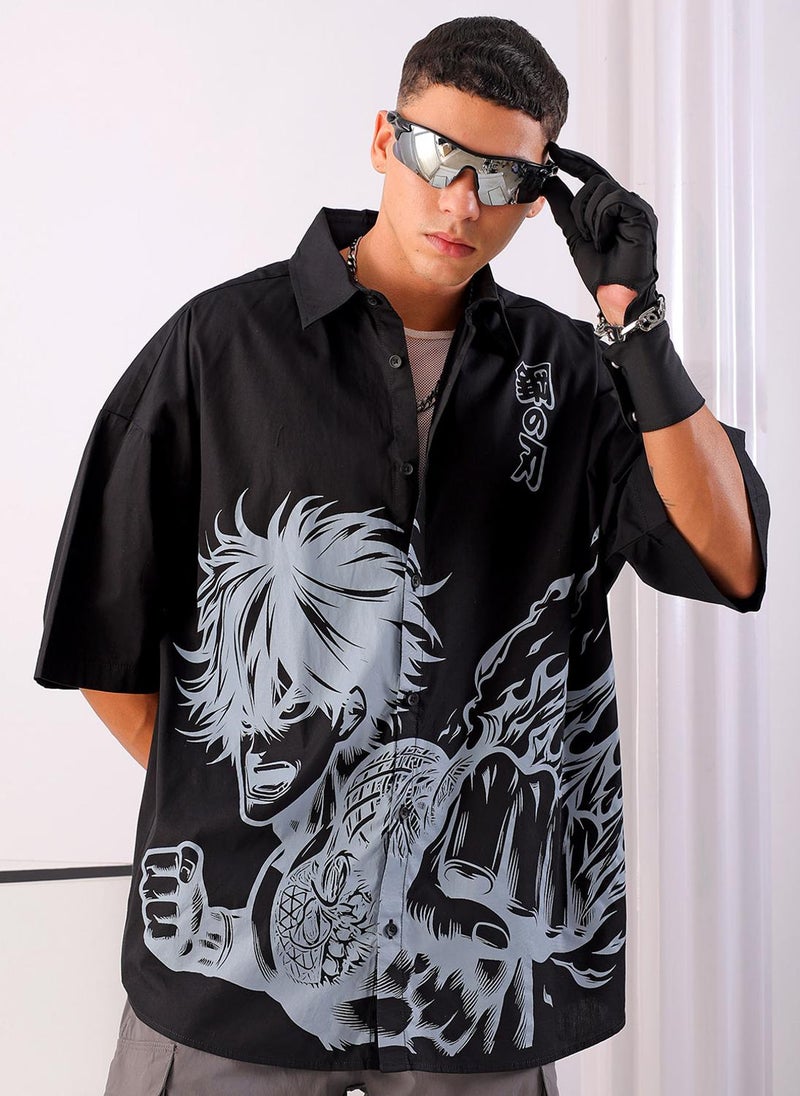 The Indian Garage Co Men Oversized Anime Print Half Sleeves Cutaway Collar Street Wear Shirt  - Image 1