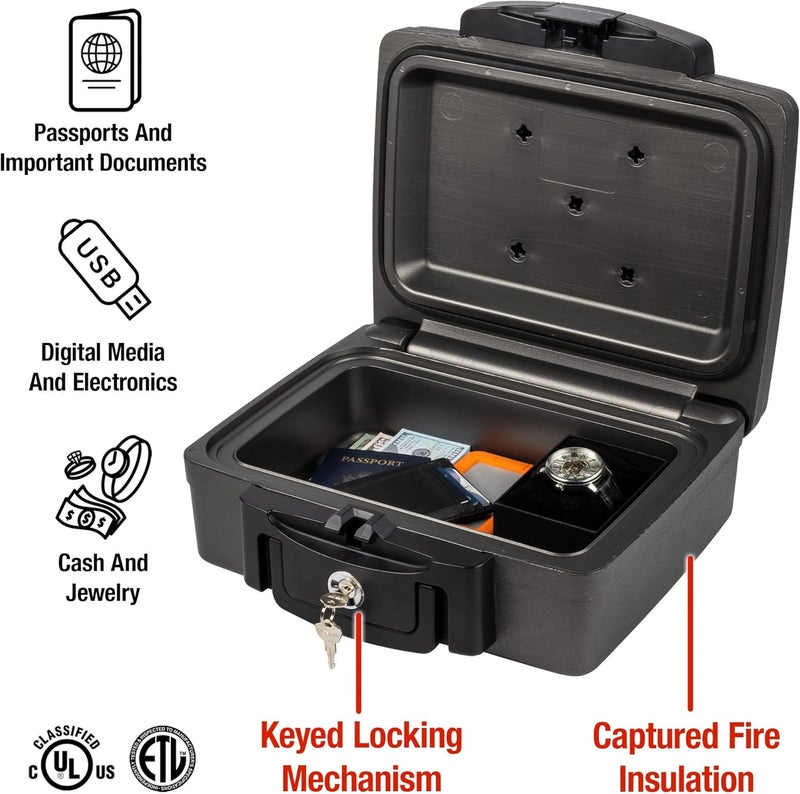 SentrySafe خزنة مقاومة للحريق ومقاومة للماء، صندوق قفل محمول باللون الأسود مع قفل مفتاح ومقبض حمل للأموال، جواز السفر، الأبعاد الخارجية: 14.3 بوصة عرض × 13 بوصة عمق × 6.1 بوصة ارتفاع، ‎H0100 - Image 4