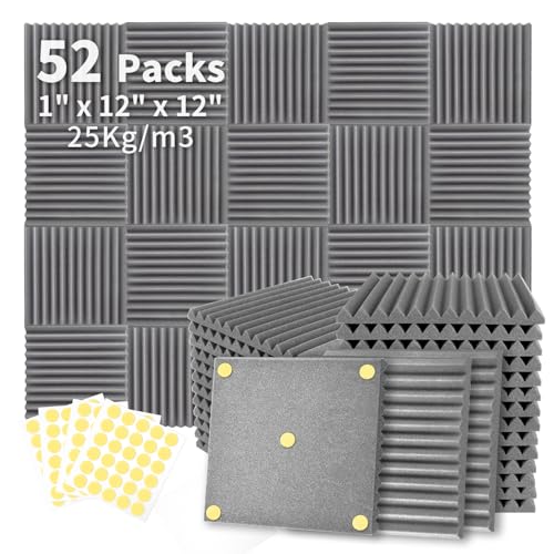Focusound 52 Pack Grey Acoustic Foam Panels 1" x 12" x 12" Sound Proof Foam Panles Soundproofing Noise Cancelling Wedge Panels for Home Office Recoding Studio with 300PCS Double-Side Adhesive - Image 1