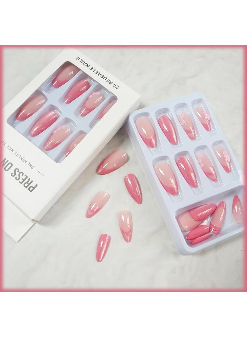 خاجول 24 قطعة ثلاثية الأبعاد بتصميم زهري ثلاثي الأبعاد بتصميم عين القطة بالضغط على الأظافر، أظافر أظافر فرنسية مانيكير أظافر أظافر أظافر أكريليك متوسطة التغطية لوزية كاملة أظافر مزيفة عصا على الأظافر جل أظافر مزيف وردي فاتح عين القطة جل أظافر نسائي للفتيات - Image 4