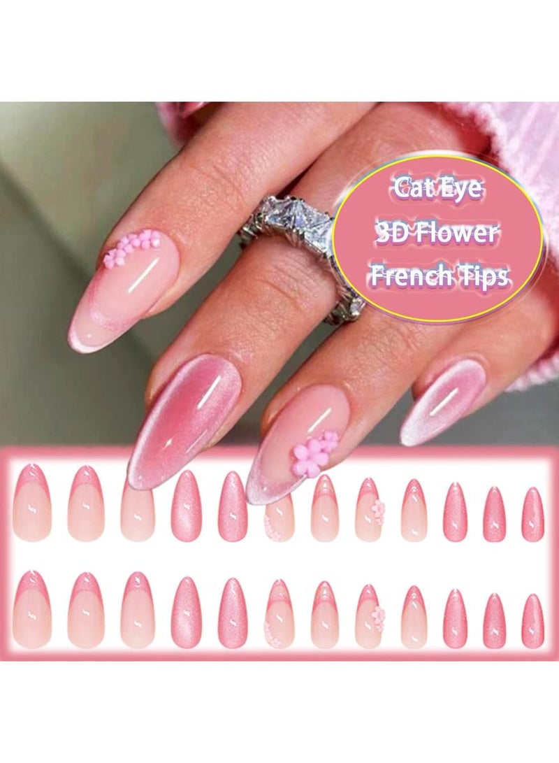 خاجول 24 قطعة ثلاثية الأبعاد بتصميم زهري ثلاثي الأبعاد بتصميم عين القطة بالضغط على الأظافر، أظافر أظافر فرنسية مانيكير أظافر أظافر أظافر أكريليك متوسطة التغطية لوزية كاملة أظافر مزيفة عصا على الأظافر جل أظافر مزيف وردي فاتح عين القطة جل أظافر نسائي للفتيات - Image 3