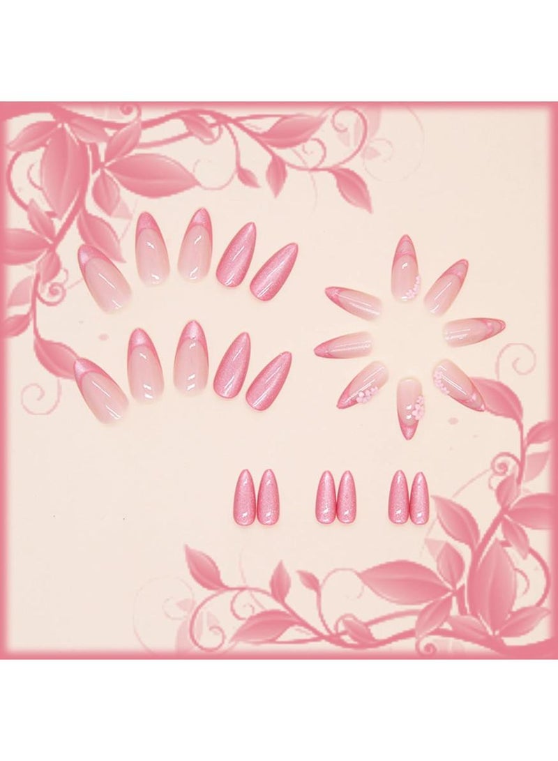 خاجول 24 قطعة ثلاثية الأبعاد بتصميم زهري ثلاثي الأبعاد بتصميم عين القطة بالضغط على الأظافر، أظافر أظافر فرنسية مانيكير أظافر أظافر أظافر أكريليك متوسطة التغطية لوزية كاملة أظافر مزيفة عصا على الأظافر جل أظافر مزيف وردي فاتح عين القطة جل أظافر نسائي للفتيات - Image 5