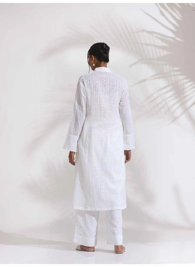 trueBrowns White Check Cotton Kurta Set