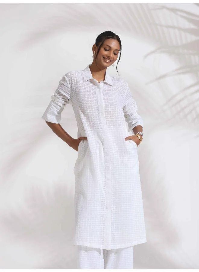 trueBrowns White Check Cotton Kurta Set
