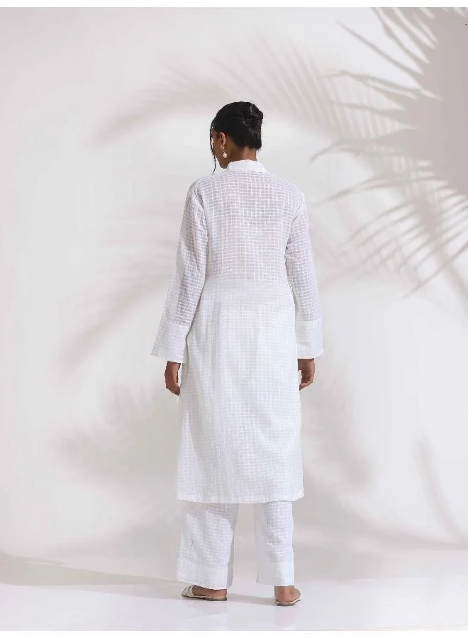 trueBrowns White Check Cotton Kurta Set