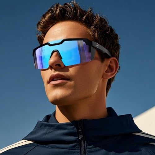 kimorn Polarized Sports Sunglasses for Men, Warp Around Goggles Sun Glasses with UV400 Protection for Driving Fishing (Black/Blue) - Image 2