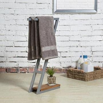 INDIAN DECOR INDIAN DECOR 21411 Space Saving Freestanding Grey Metal Towel Rack with Wood Base Grey  - Image 1