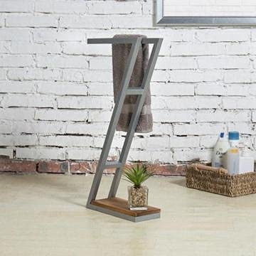 INDIAN DECOR INDIAN DECOR 21411 Space Saving Freestanding Grey Metal Towel Rack with Wood Base Grey  - Image 4