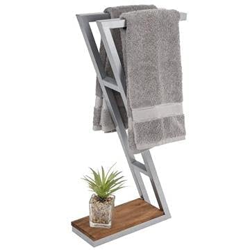 INDIAN DECOR INDIAN DECOR 21411 Space Saving Freestanding Grey Metal Towel Rack with Wood Base Grey  - Image 3