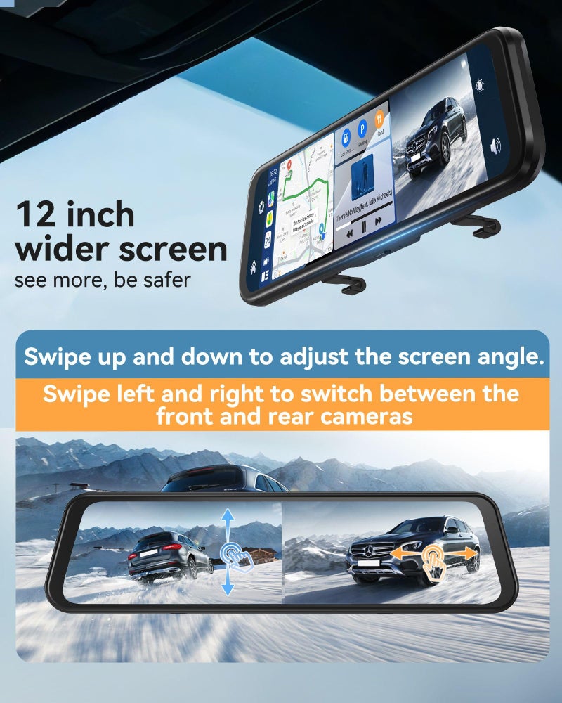 KOUENOM 12'' Rearview Mirror Camera with CarPlay&Andorid Auto,4K Mirror Dash Cam Front and Rear Backup Camera with Reverse Assist/Loop Record/G Sensor/Voice Control&Split Touch Screen,64GB Card Included - Image 5