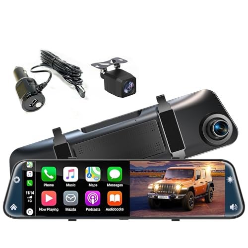 KOUENOM 12'' Rearview Mirror Camera with CarPlay&Andorid Auto,4K Mirror Dash Cam Front and Rear Backup Camera with Reverse Assist/Loop Record/G Sensor/Voice Control&Split Touch Screen,64GB Card Included - Image 1