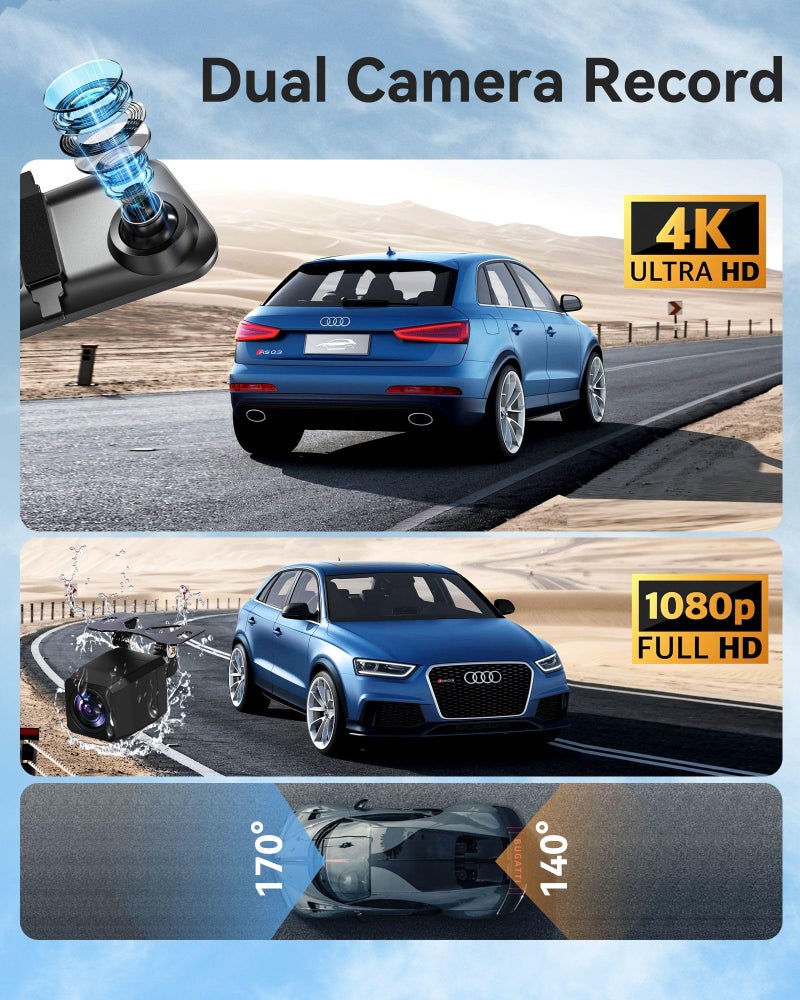 KOUENOM 12'' Rearview Mirror Camera with CarPlay&Andorid Auto,4K Mirror Dash Cam Front and Rear Backup Camera with Reverse Assist/Loop Record/G Sensor/Voice Control&Split Touch Screen,64GB Card Included - Image 2
