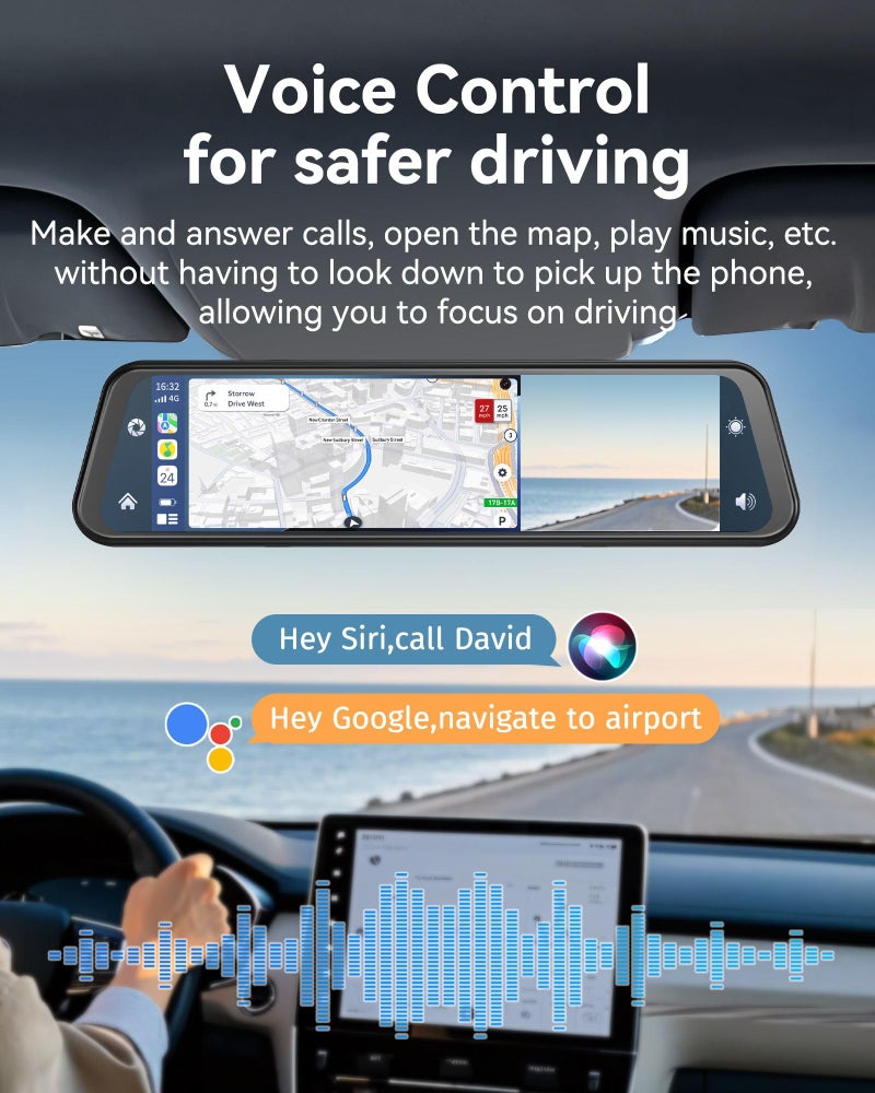KOUENOM 12'' Rearview Mirror Camera with CarPlay&Andorid Auto,4K Mirror Dash Cam Front and Rear Backup Camera with Reverse Assist/Loop Record/G Sensor/Voice Control&Split Touch Screen,64GB Card Included - Image 4